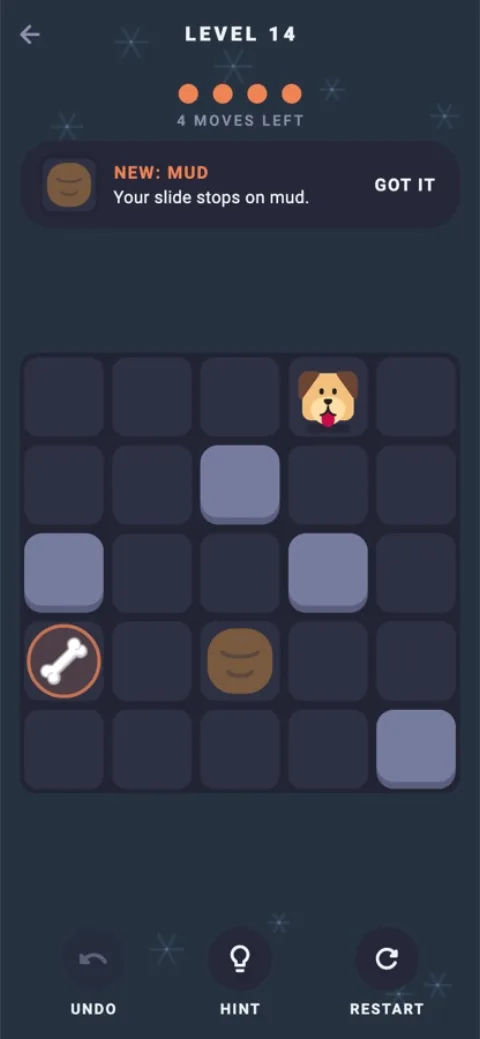 4 Moves puzzle board in the dark theme